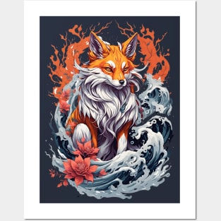 Kitsune fox, Japanese wave Posters and Art